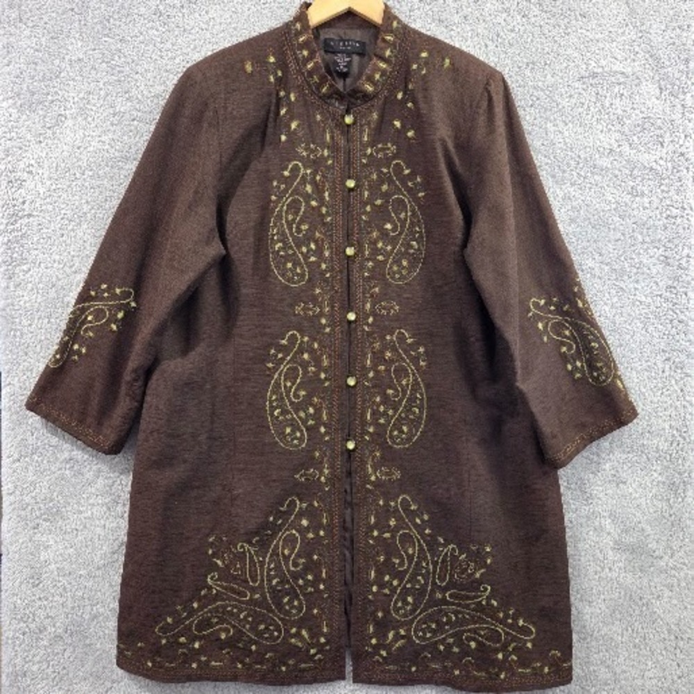 SilkLand Woman Jacket Women 1X Brown Embroidered Silk Paisley Longline Boho Art